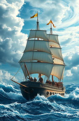 An imaginative and adventurous scene inspired by the spirit of ocean exploration, featuring a grand, majestic ship sailing through turbulent seas under a dramatic sky filled with swirling clouds