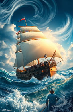 An imaginative and adventurous scene inspired by the spirit of ocean exploration, featuring a grand, majestic ship sailing through turbulent seas under a dramatic sky filled with swirling clouds