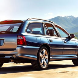 A detailed and realistic depiction of a 2002 VX Commodore wagon, showcasing its distinctive design features such as the sleek body lines, round headlights, and spacious rear cargo area