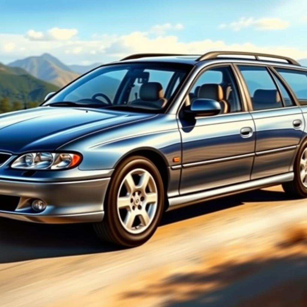 A detailed and realistic depiction of a 2002 VX Commodore wagon, showcasing its distinctive design features such as the sleek body lines, round headlights, and spacious rear cargo area