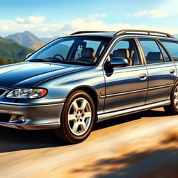 A detailed and realistic depiction of a 2002 VX Commodore wagon, showcasing its distinctive design features such as the sleek body lines, round headlights, and spacious rear cargo area