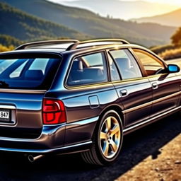 A detailed and realistic depiction of a 2002 VX Commodore wagon, showcasing its distinctive design features such as the sleek body lines, round headlights, and spacious rear cargo area