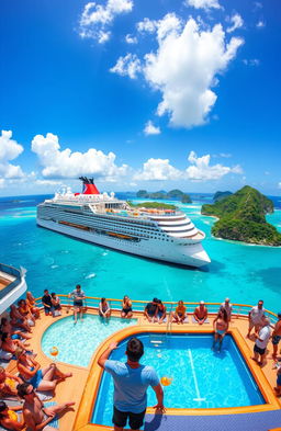 A grand ocean adventure scene on a luxurious cruise ship, featuring travelers enjoying the sunny deck with panoramic ocean views