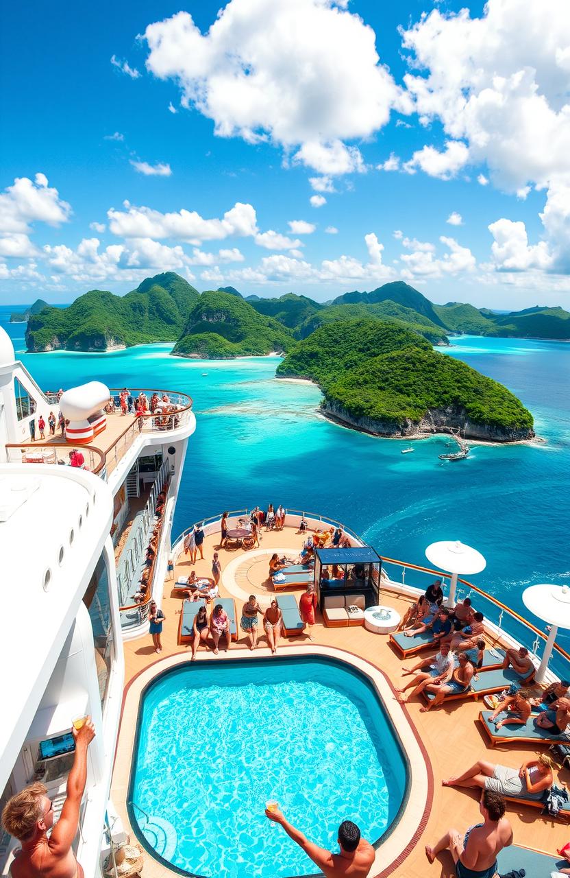 A grand ocean adventure scene on a luxurious cruise ship, featuring travelers enjoying the sunny deck with panoramic ocean views