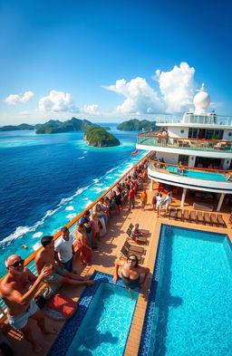 A grand ocean adventure scene on a luxurious cruise ship, featuring travelers enjoying the sunny deck with panoramic ocean views