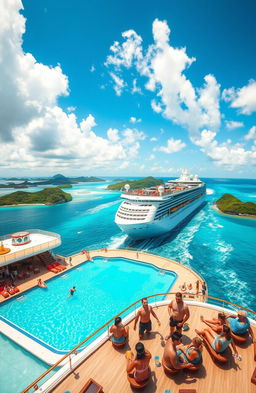 A grand ocean adventure scene on a luxurious cruise ship, featuring travelers enjoying the sunny deck with panoramic ocean views