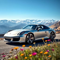 A sleek silver Porsche 911 parked on a winding mountain road, with breathtaking views of snow-capped peaks and a clear blue sky in the background