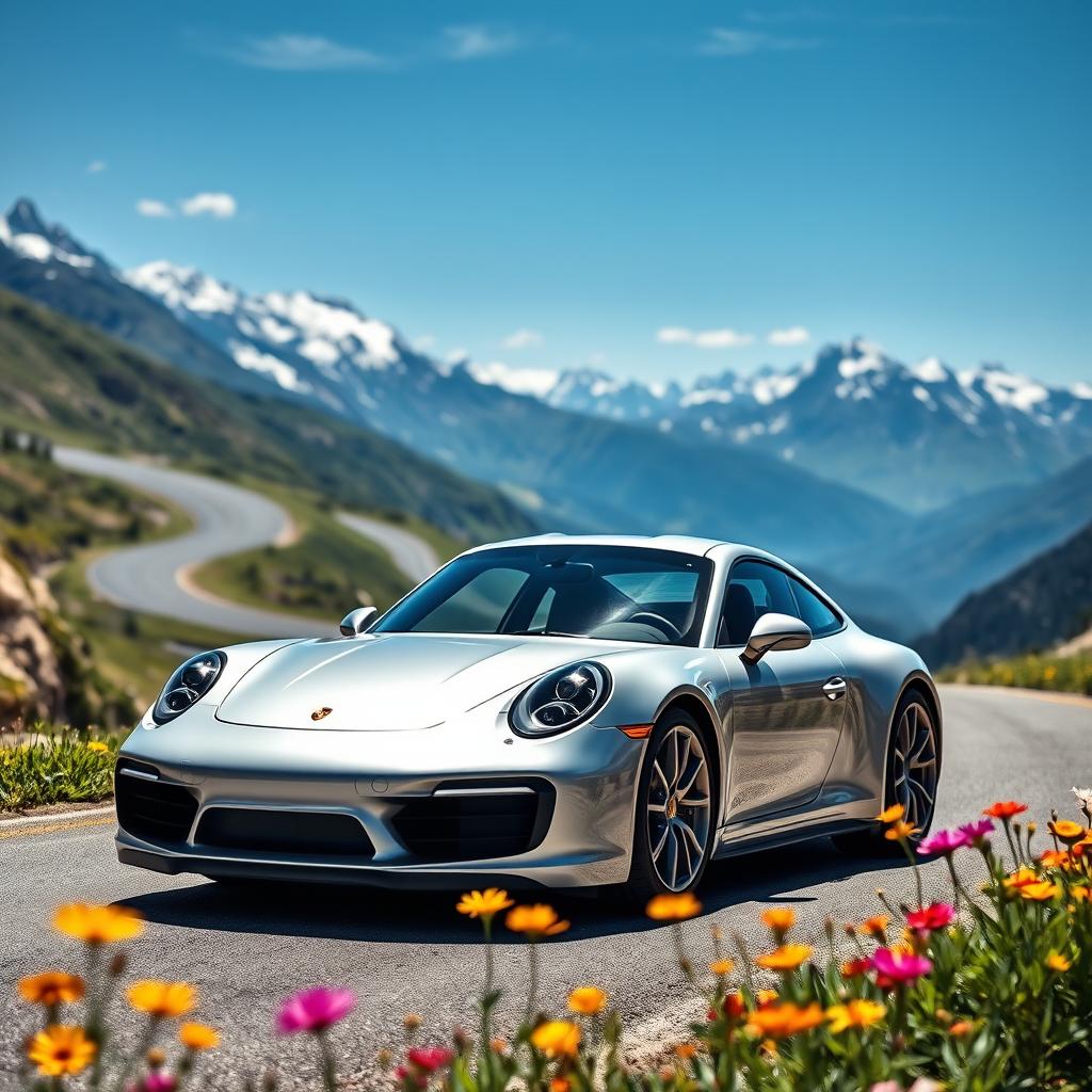 A sleek silver Porsche 911 parked on a winding mountain road, with breathtaking views of snow-capped peaks and a clear blue sky in the background