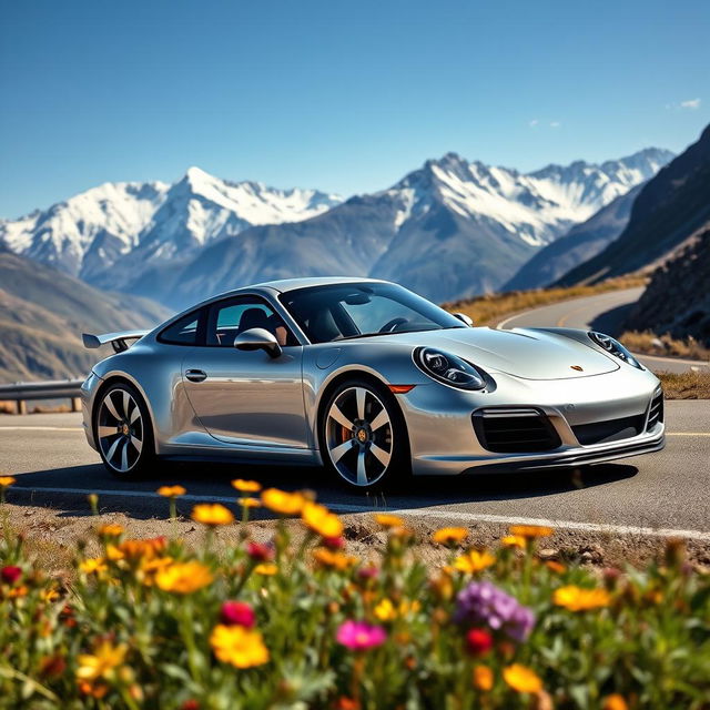 A sleek silver Porsche 911 parked on a winding mountain road, with breathtaking views of snow-capped peaks and a clear blue sky in the background