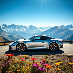 A sleek silver Porsche 911 parked on a winding mountain road, with breathtaking views of snow-capped peaks and a clear blue sky in the background
