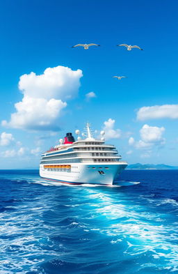 A magnificent cruise ship gracefully sailing through the open ocean, surrounded by bright blue waters and fluffy white clouds in a clear sky
