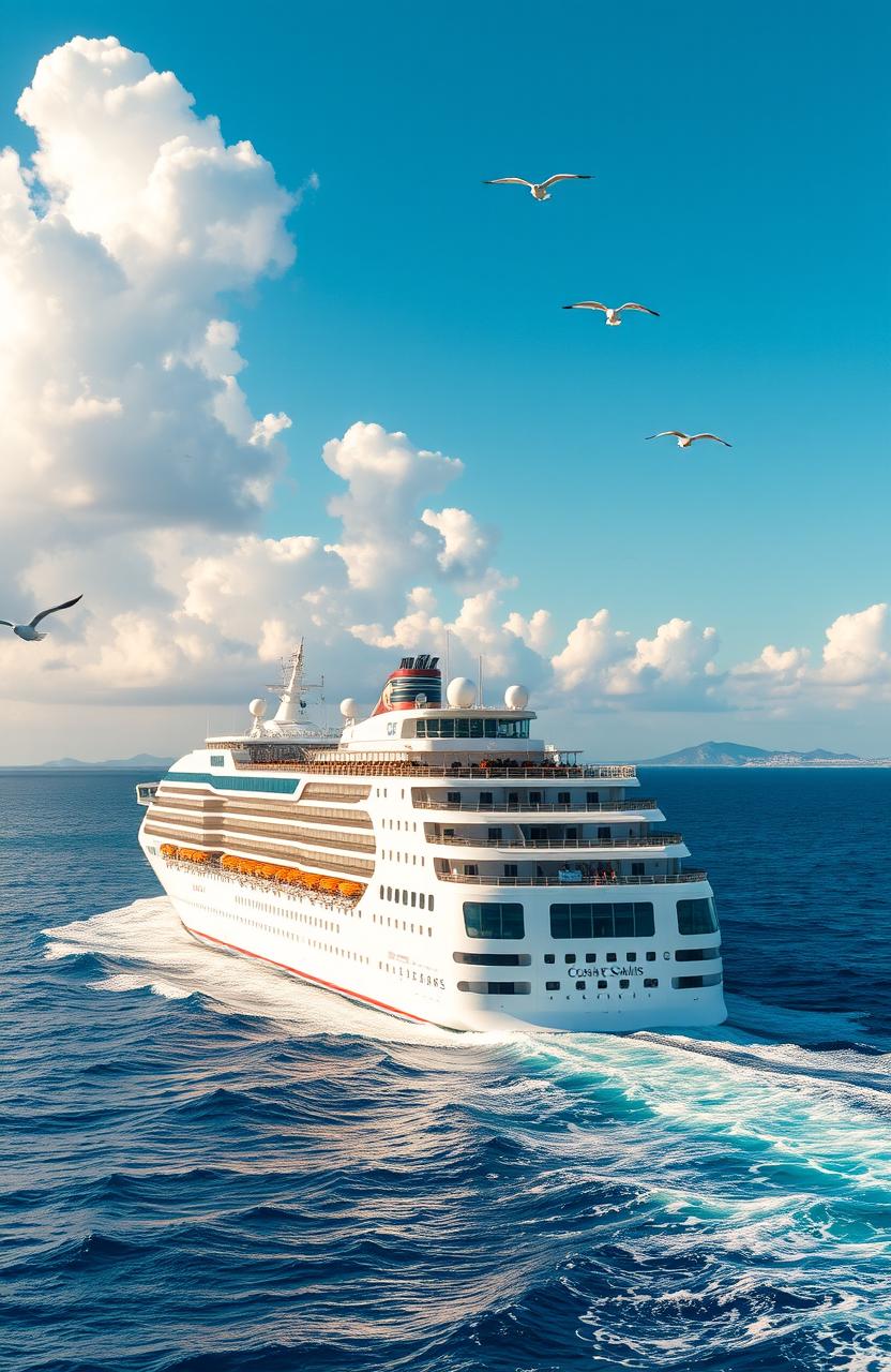 A magnificent cruise ship gracefully sailing through the open ocean, surrounded by bright blue waters and fluffy white clouds in a clear sky