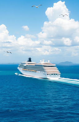 A magnificent cruise ship gracefully sailing through the open ocean, surrounded by bright blue waters and fluffy white clouds in a clear sky