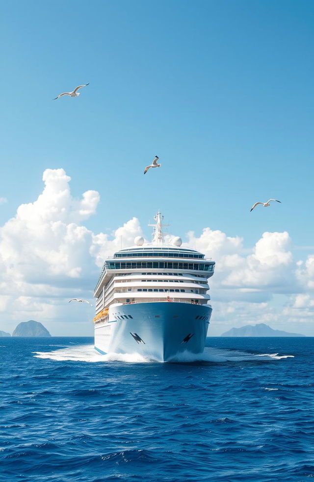 A magnificent cruise ship gracefully sailing through the open ocean, surrounded by bright blue waters and fluffy white clouds in a clear sky