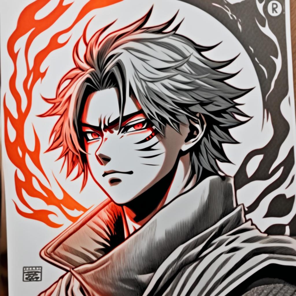 Detailed pencil drawing of Demon Slayer's Rengoku Kyojuro in profile picture format with a circular flame border.