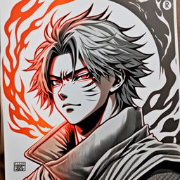 Detailed pencil drawing of Demon Slayer's Rengoku Kyojuro in profile picture format with a circular flame border.