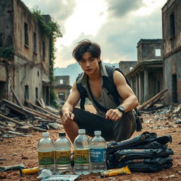 In a post-apocalyptic setting, a male idol is undergoing intense training amidst ruins