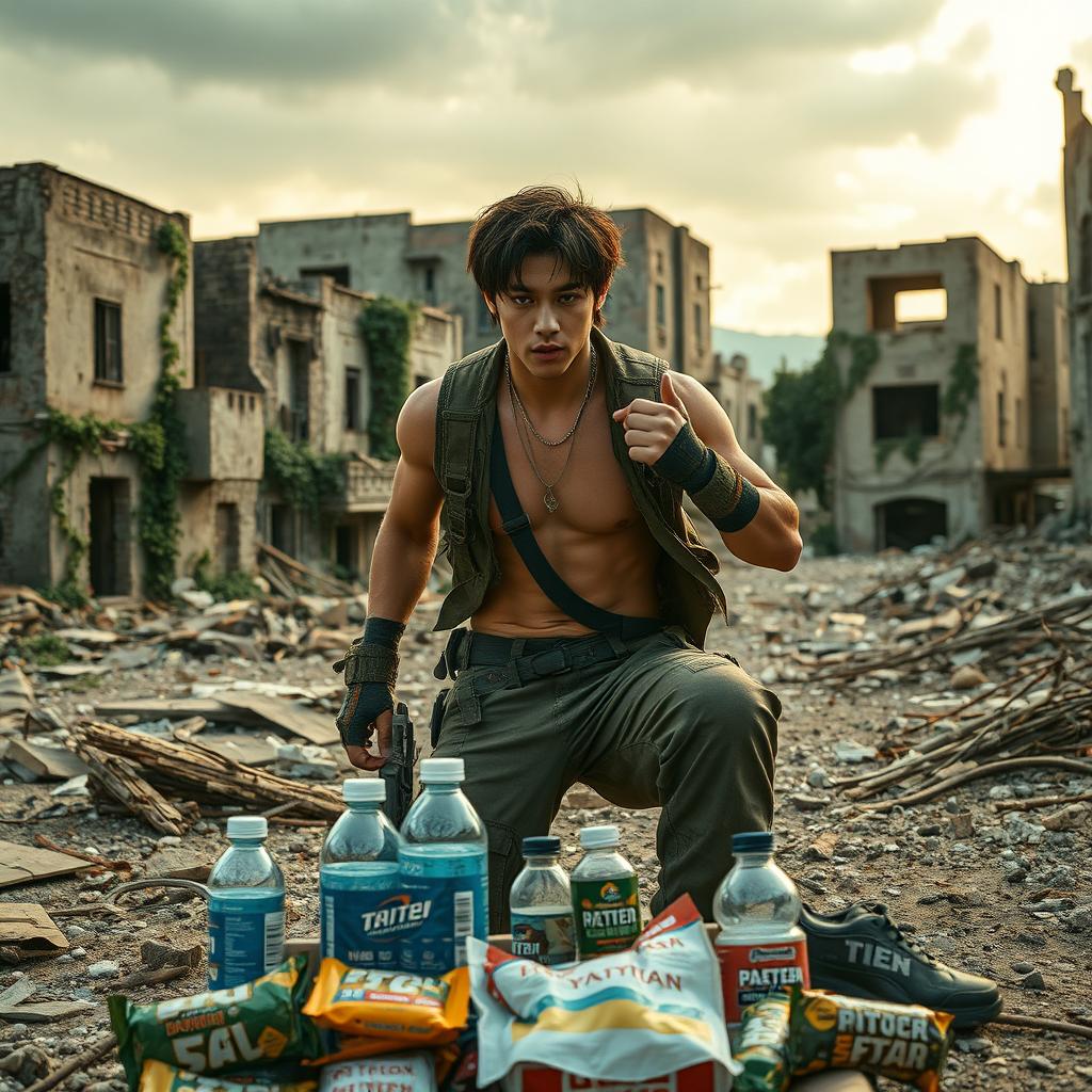 In a post-apocalyptic setting, a male idol is undergoing intense training amidst ruins