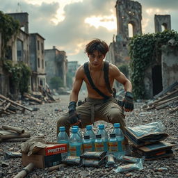 In a post-apocalyptic setting, a male idol is undergoing intense training amidst ruins