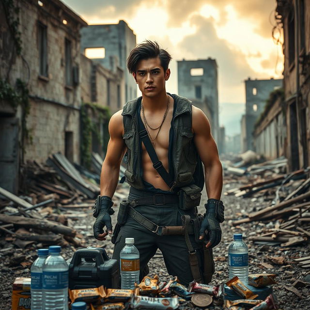 In a post-apocalyptic setting, a male idol is undergoing intense training amidst ruins