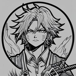 Detailed pencil drawing of Demon Slayer's Rengoku Kyojuro in profile picture format with a circular flame border.