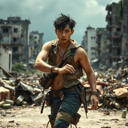 A gritty post-apocalyptic scene with a male idol in training, wearing a rugged yet stylish outfit made from recycled materials