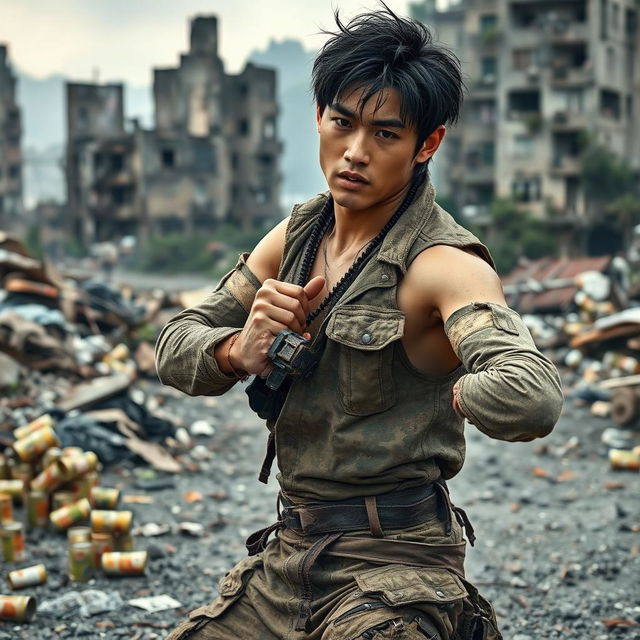 A gritty post-apocalyptic scene with a male idol in training, wearing a rugged yet stylish outfit made from recycled materials