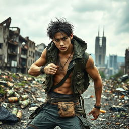 A gritty post-apocalyptic scene with a male idol in training, wearing a rugged yet stylish outfit made from recycled materials