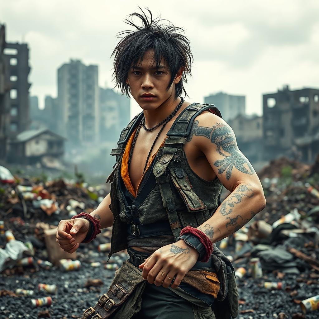 A gritty post-apocalyptic scene with a male idol in training, wearing a rugged yet stylish outfit made from recycled materials