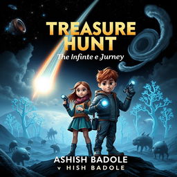 A mysterious and thrilling book cover for a sci-fi adventure story featuring two brave kids, a girl and a boy, standing boldly on an alien landscape
