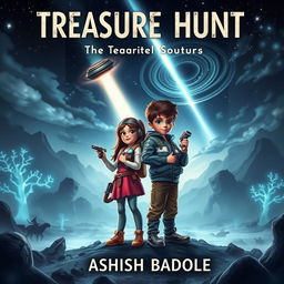 A mysterious and thrilling book cover for a sci-fi adventure story featuring two brave kids, a girl and a boy, standing boldly on an alien landscape