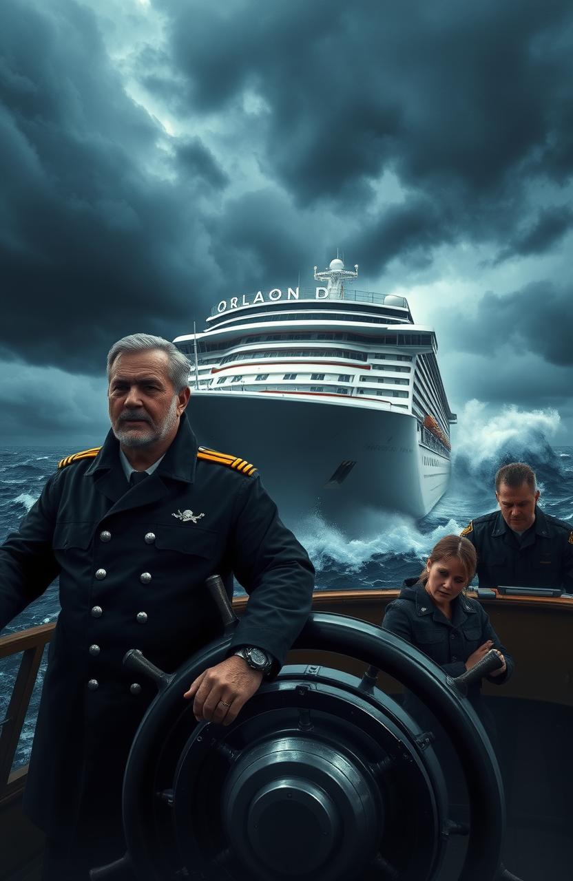 A dramatic scene depicting the colossal cruise ship named Orlando navigating through a stormy ocean