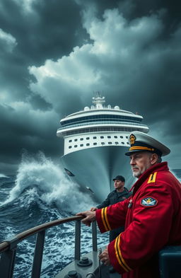 A dramatic scene depicting the colossal cruise ship named Orlando navigating through a stormy ocean