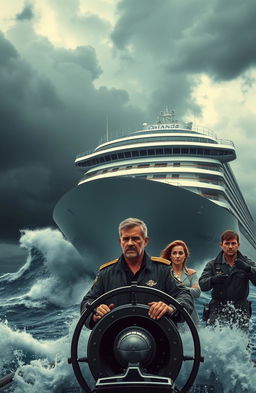 A dramatic scene depicting the colossal cruise ship named Orlando navigating through a stormy ocean