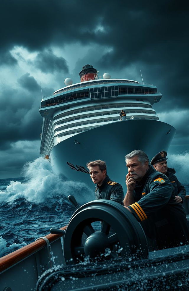 A dramatic scene depicting the colossal cruise ship named Orlando navigating through a stormy ocean