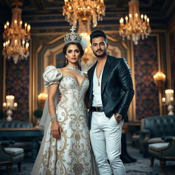 A regal queen and a handsome male idol standing together in an opulent setting