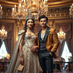 A regal queen and a handsome male idol standing together in an opulent setting