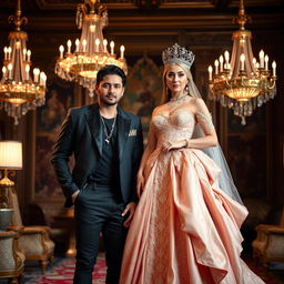 A regal queen and a handsome male idol standing together in an opulent setting