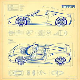 detailed blueprints of a Ferrari sports car, showcasing the intricate engineering, technical specifications, and design elements including chassis, engine layout, and aerodynamic features