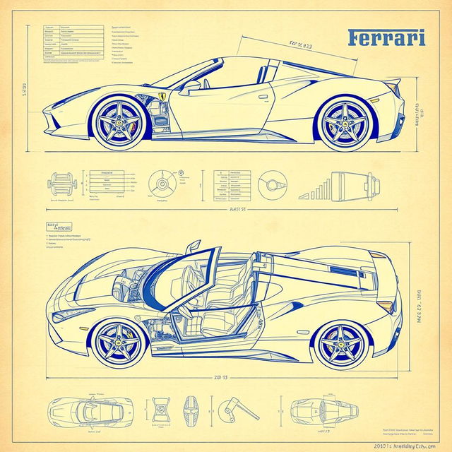 detailed blueprints of a Ferrari sports car, showcasing the intricate engineering, technical specifications, and design elements including chassis, engine layout, and aerodynamic features