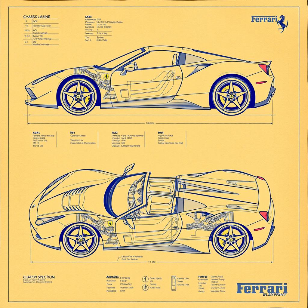 detailed blueprints of a Ferrari sports car, showcasing the intricate engineering, technical specifications, and design elements including chassis, engine layout, and aerodynamic features