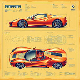 detailed blueprints of a Ferrari sports car, showcasing the intricate engineering, technical specifications, and design elements including chassis, engine layout, and aerodynamic features
