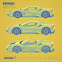 detailed blueprints of a Ferrari sports car, showcasing the intricate engineering, technical specifications, and design elements including chassis, engine layout, and aerodynamic features