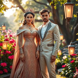 A regal queen and a handsome male figure standing together in an enchanting garden setting