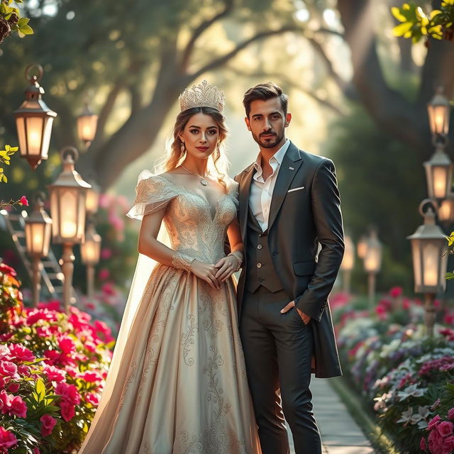 A regal queen and a handsome male figure standing together in an enchanting garden setting