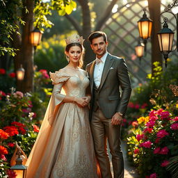 A regal queen and a handsome male figure standing together in an enchanting garden setting