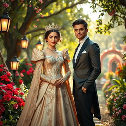 A regal queen and a handsome male figure standing together in an enchanting garden setting