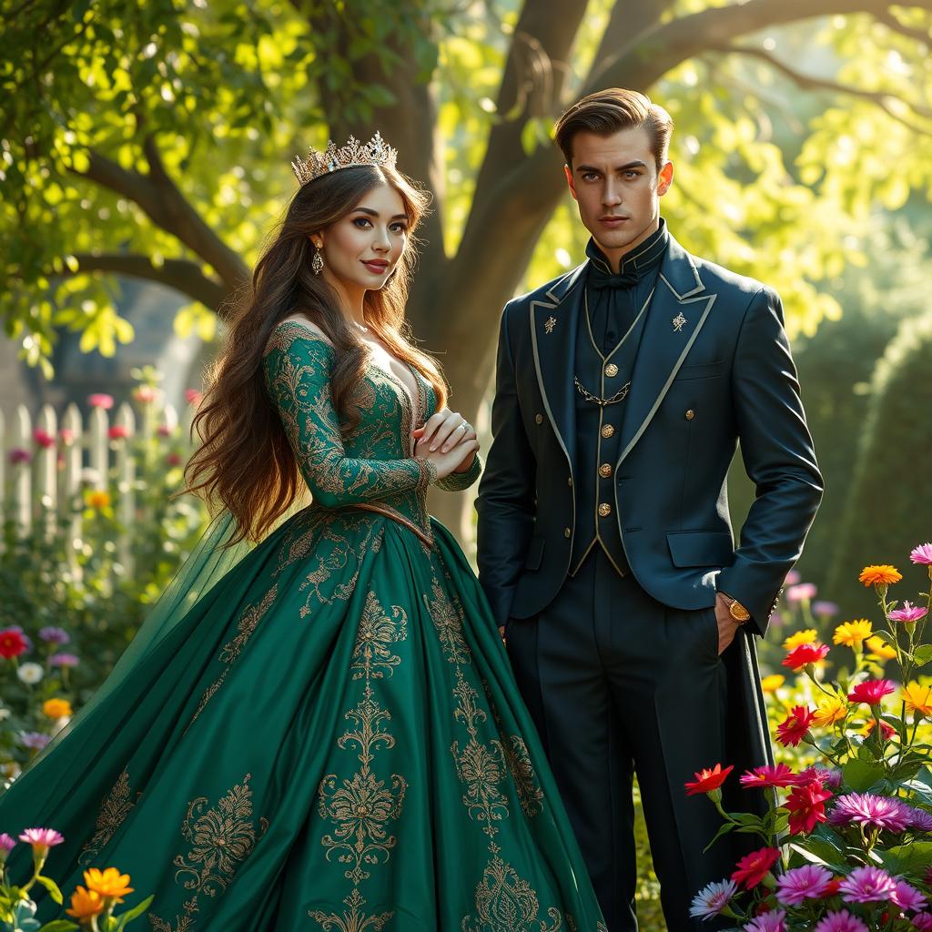 A regal queen standing gracefully beside a handsome nobleman in a lush, enchanted garden