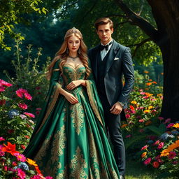 A regal queen standing gracefully beside a handsome nobleman in a lush, enchanted garden