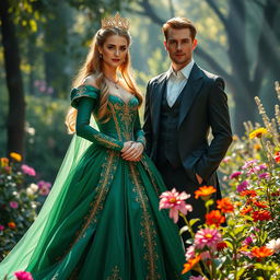 A regal queen standing gracefully beside a handsome nobleman in a lush, enchanted garden
